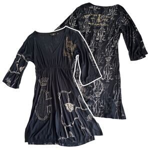 Christian Audigier Y2K Black Tunic Mini Dress Women’s XS V-Neck Whimsygoth